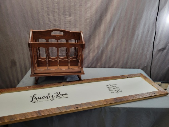 Magazine rack, and "Laundry Room" humor sign