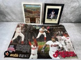 League Park plaque with cards, Omar vizquel Signed 8x10 photo and a Cleveland Indians poster