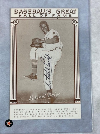 Satchel Paige Autographed 1977 Baseball's Great HOF Exhibit Card - Full JSA letter