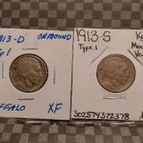 1913D AND 1913S TYPE-1 BUFFALO NICKELS BOTH XF