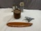 Tobacco Tin, Miniature surfboard, Mustang Hood Ornament, and 2 vintage kitchen utensils