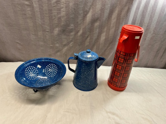 Vintage Thermos, and speckle-ware colander and pitcher