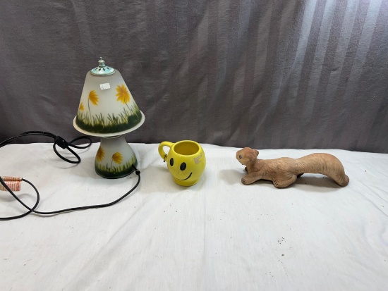 Retro Lamp, Squirrel Figurine and Smiley Mug