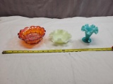 3 Pieces of Fenton Art Glass, 2 are stamped, Blue dish is not