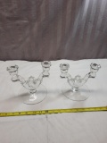 Matching set of clear artglass candelabras, appear to be unmarked Heisey