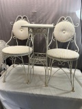 Pair of upholstered chairs and tall table, not sure if this is a matching set or not