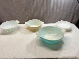 3- Vintage Pyrex bowls, and milkglass candy dish
