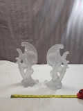 Pair of clear art glass fish figurines, Bookends? One is chipped