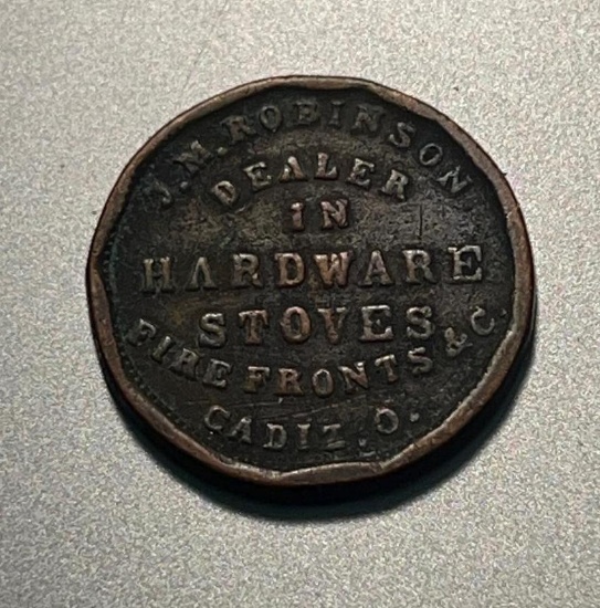 1863 Civil War Token, J.M. Robinson- Dealer in Hardware Stoves Pipefronts & C, Cadiz Ohio