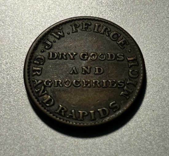 Undated Civil War Token J.W. Pierce Dry Goods and Groceries Grand Rapids Mich Business Card