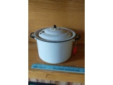 WHITE AND BLACK ENAMEL POT WITH LID