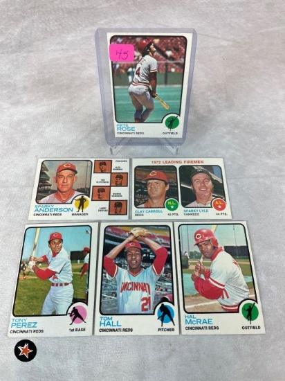 1973 Pete Rose card with 6 Cinncinati Reds cards