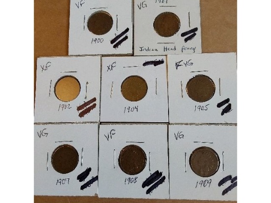 8 DIFFERENT INDIAN HEAD CENTS 1900-1909
