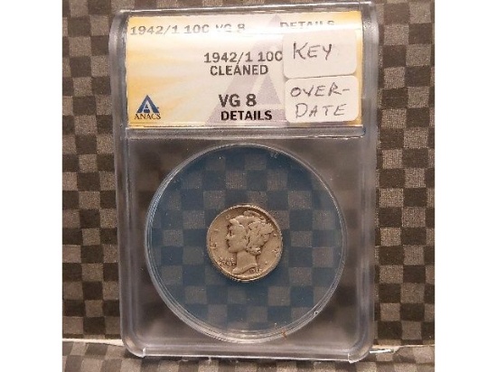 1942/1 MERCURY DIME ANACS VG8 DETAILS CLEANED