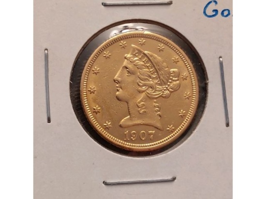 1907 $5. LIBERTY HEAD GOLD PIECE UNC