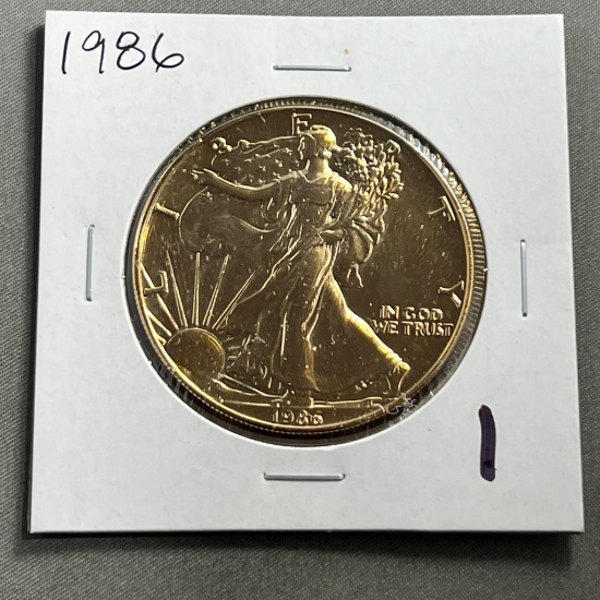 Gold Plated 1986 United States Silver Eagle, .999 Silver, KEY DATE UNC