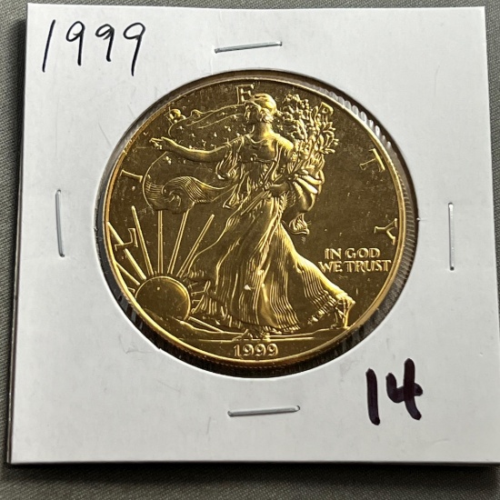 Gold Plated 1999 US Silver Eagle, .999 fine silver, UNC