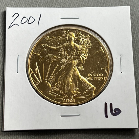 Gold Plated 2001 US Silver Eagle, .999 fine silver, UNC