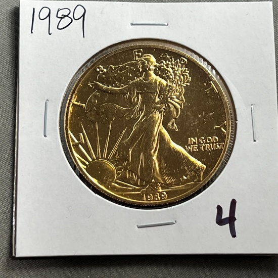 Gold Plated 1989 US Silver Eagle, .999 fine silver, UNC