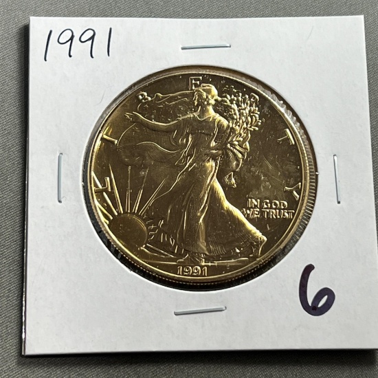 Gold Plated 1991 US Silver Eagle, .999 fine silver