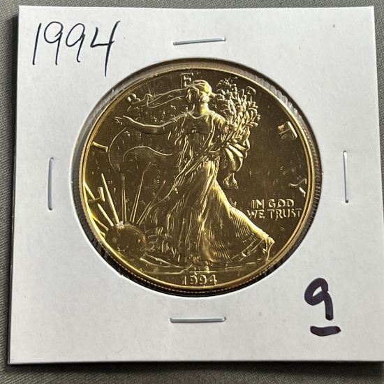Gold Plated 1994 US Silver Eagle, .999 fine silver, UNC