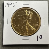 Gold Plated 1995 US Silver Eagle, .999 fine silver, UNC