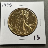 Gold Plated 1998 US Silver Eagle, .999 fine silver, UNC