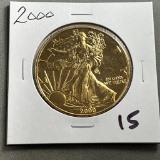 Gold Plated 2000 US Silver Eagle, .999 fine silver, UNC