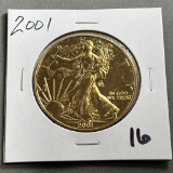 Gold Plated 2001 US Silver Eagle, .999 fine silver, UNC
