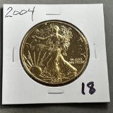 Gold Plated 2004 US Silver Eagle, .999 fine silver, UNC
