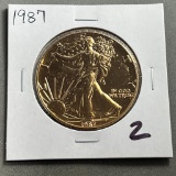 Gold Plated 1987 US Silver Eagle, .999 fine silver, UNC