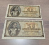 2- 1943 Greece 50 Drachmai Notes, Uncirculated