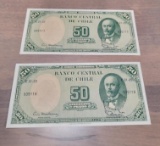 2- 1975 50 Pesos Chile Banknotes, Uncirculated, Sequential