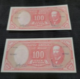 2-1947 Chile 100 Pesos Banknote, Uncirculated, Sequential