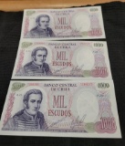3- 1973 Chile 1000 Escudos Banknotes, Uncirculated, Sequential