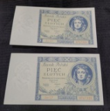 2- 1930 Poland 5 Zlotych Banknotes, Uncirculated, Sequential