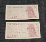 2- 1964 Indonesia 5 Sen Banknotes, Uncirculated, sequential