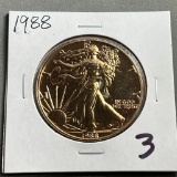 Gold Plated 1988 US Silver Eagle, .999 fine silver, UNC