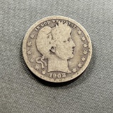 1908-D Barber Quarter Dollar, 90% Silver