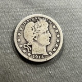 1914-D Barber Quarter Dollar, 90% Silver
