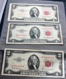 3- 1953 Red Seal $2.00 United States Notes