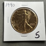 Gold Plated 1990 US Silver Eagle, .999 fine silver, UNC