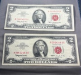 2- 1963 $2.00 Red Seal Federal Reserve Notes