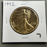 Gold Plated 1992 US Silver Eagle, .999 fine silver, UNC