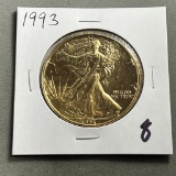 Gold Plated 1993 US Silver Eagle, .999 fine silver, UNC