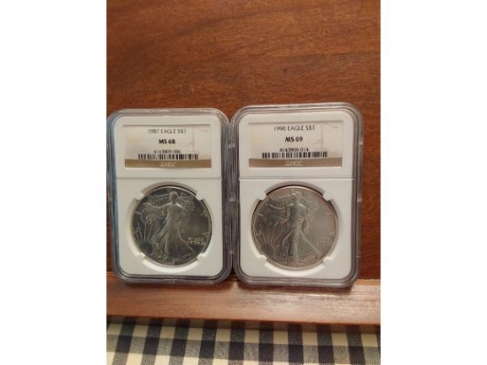1987 NGC MS68 AND 1990 NGC MS69 SILVER EAGLES