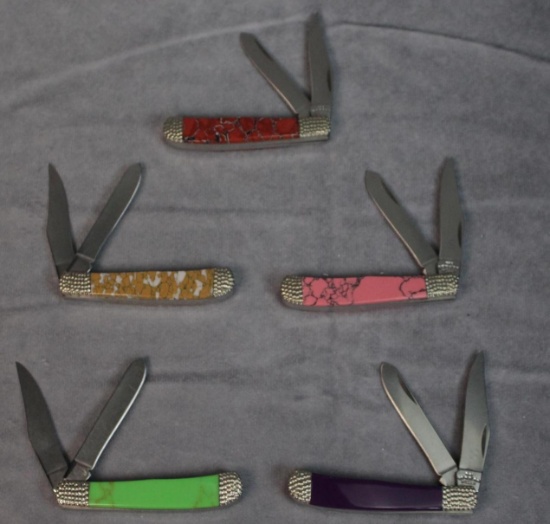 Five Custom Handle and Worked Bolster Knives, Five times the money