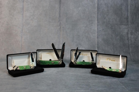 Four 2019 Case XX Worked Bolster Series Emerald Green Bone Knives, Four times the money