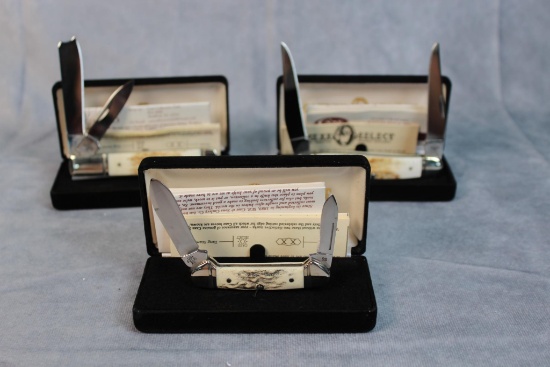 Three 2008 Case XX Select Elk Horn Knives, Baby Butterbean, Muskrat, & Barlow 3X THE BID