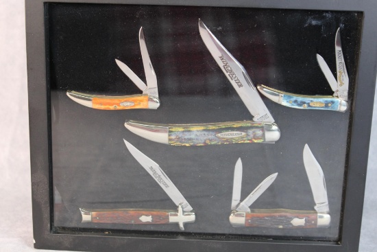 Display With Five Knives, Two Case XX Two Blade Toothpicks, & Three Winchester Knives